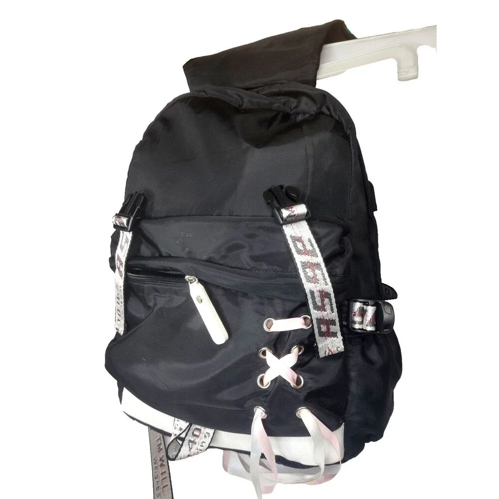 ASGE Black &White Nylon Backpack Drawstring Flap School Travel Laptop Bag 18